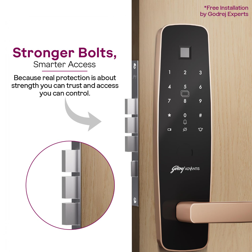 Godrej Smart Lock | Made in India Digital Lock for Main Door I Advanced & Highly Secure|9 in 1 Access|NFC,Smart Watch,BLE Remote,Wi-Fi,Fingerprint | Rose Gold I 3Yr Warranty 